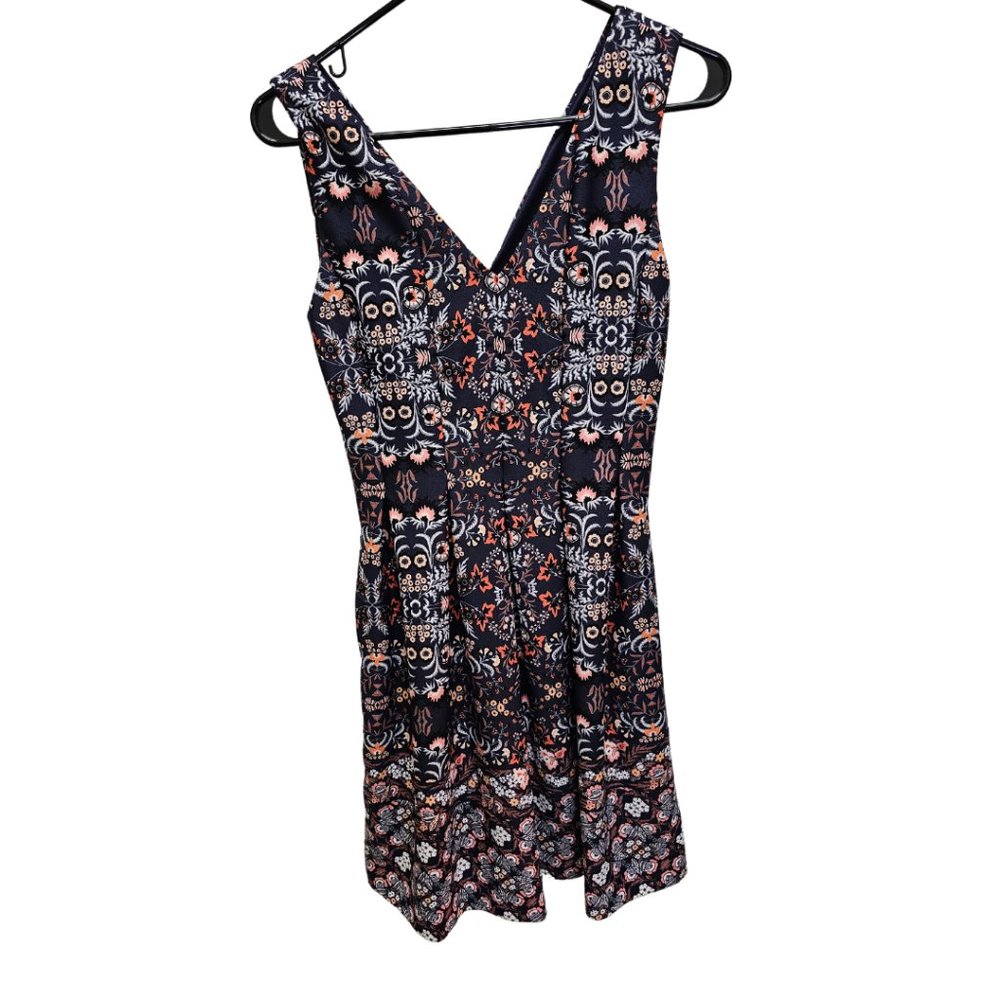 Vince Camuto Pleated Navy Fit and Flare Dress with Floral Print